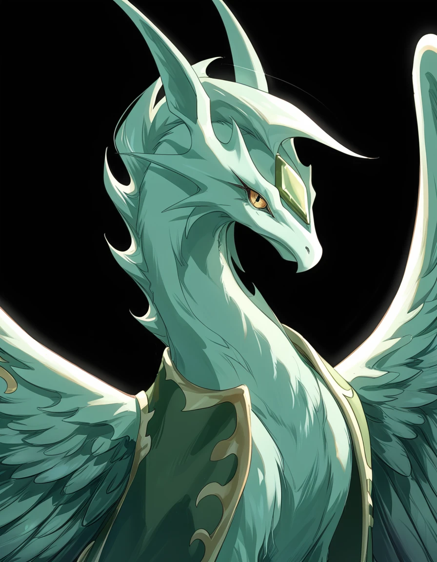 The image shows a fantastic creature that combines characteristics of a bird and a dragon, with a majestic and regal appearance.

### Physical description:
- **head**: The creature has a bird&#39;s head, similar to that of an owl, with big eyes and a curved beak. On her head there is a crown of green crystals that gives her an air of royalty..
- **body**: His body is robust and muscular, covered in white feathers with a soft shade of purple. The chest and neck are adorned with green crystal patterns that seem to emerge from her skin.
- **Alas**: It has large feathered wings that extend from its sides, with feathers ranging from white to darker purple at the tips.
- **paws**: The front legs are strong and end in sharp claws., with feathers that partially cover the extremities. The hind legs are also muscular and powerful..
- **cola**: Its tail is long and ends in a series of sharp feathers., similar to those of a bird but with a more draconic touch.

### Additional details:
- **Green Crystals**: The green crystals on his head and chest are not only decorative, They also emit a shine that accentuates their regal appearance.
- **expression**: The creature&#39;s expression is serene and proud, showing his status and power.

### General appearance:
The creature has a majestic and elegant appearance, combining elements of a bird and a dragon. Green crystals and purple feathers add a touch of fantasy and royalty, making it look like a guardian or a noble creature from a magical world.