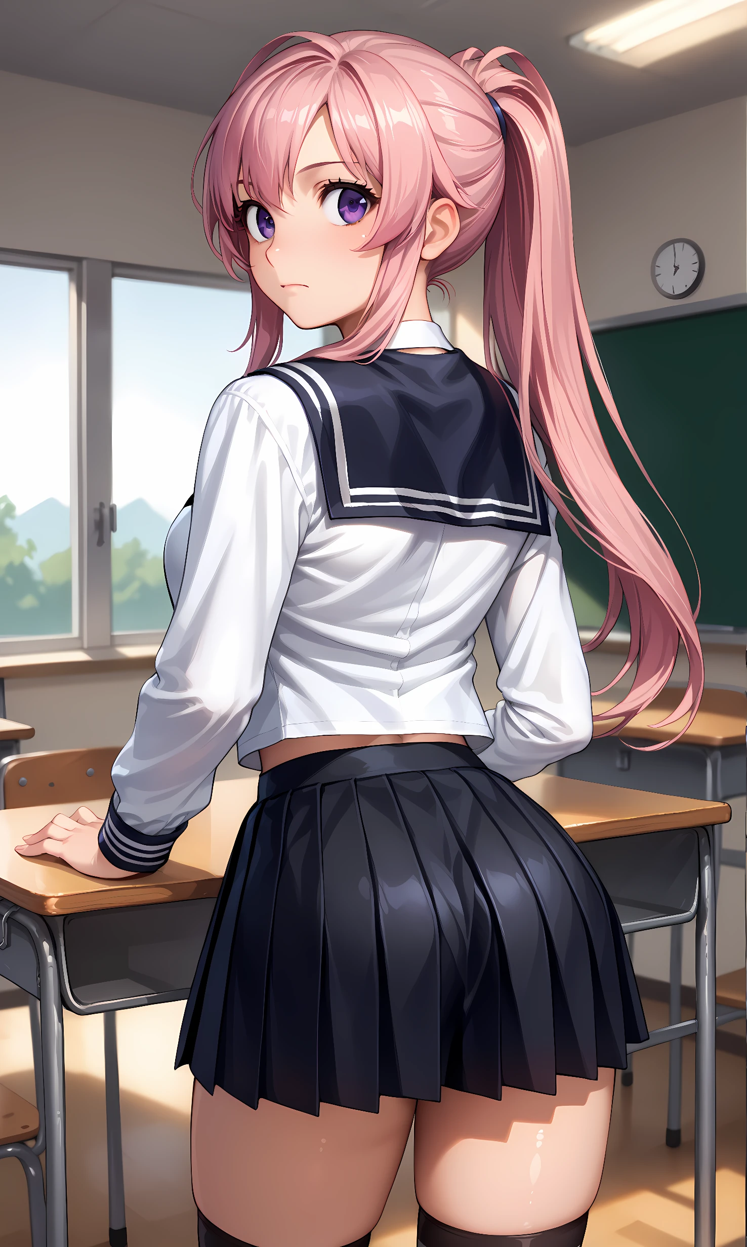 score_9, score_8_up, score_7_up, source_anime, 1girl, solo, indoors, classroom, cowboy shot, standing, looking back, shiny skin, maeda_keiji, purple eyes, pink hair, long hair, ponytail,  school uniform, white shirt, long sleeves, serafuku, black skirt, pleated skirt, black stockings, from behind, arm support, bent over, closed mouth