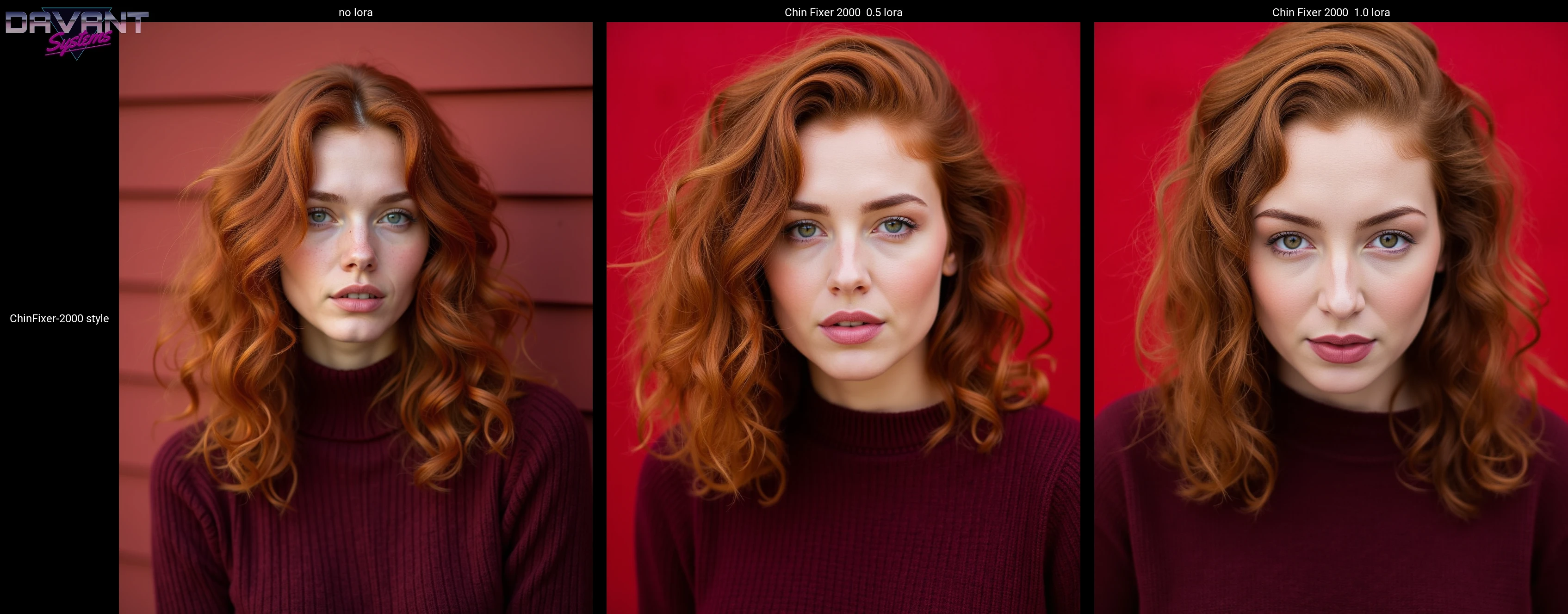 gorgeous woman close up portrait photo,curly red hair, wearing a dark red sweater ChinFixer-2000 style , outside photo, flat red background<lora:Flux\chinfixer-2000.safetensors:1.0:1.0>