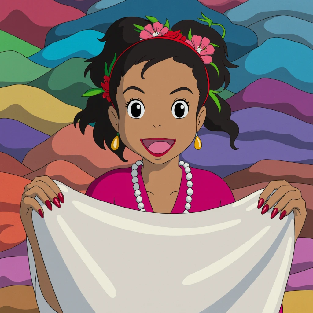 In style of Studio Ghibli. Scene from "Earthsea" film. The image is a digitally drawn, vibrant illustration featuring a woman with a joyful expression. She has a round face, dark brown skin, and is wearing a bright magenta top with red and white beads around her neck. Her hair is styled in an updo, adorned with green and white flowers. She has large, expressive eyes with thick eyelashes, and her lips are painted a bold red. Her nails are also painted red. She is holding a sheer, white fabric in front of her, which she is draping in a playful manner. The fabric is held with both hands, and she appears to be enjoying the process. The background is filled with a variety of colorful fabrics in shades of blue, green, purple, and orange, arranged in a stacked, layered manner, suggesting a bustling marketplace or a fabric store. The textures of the fabrics range from smooth to slightly textured, and the scene is rich with a sense of vibrancy and creativity. The overall style of the illustration is cartoonish yet detailed, with a focus on bright, vivid colors and expressive, exaggerated features.