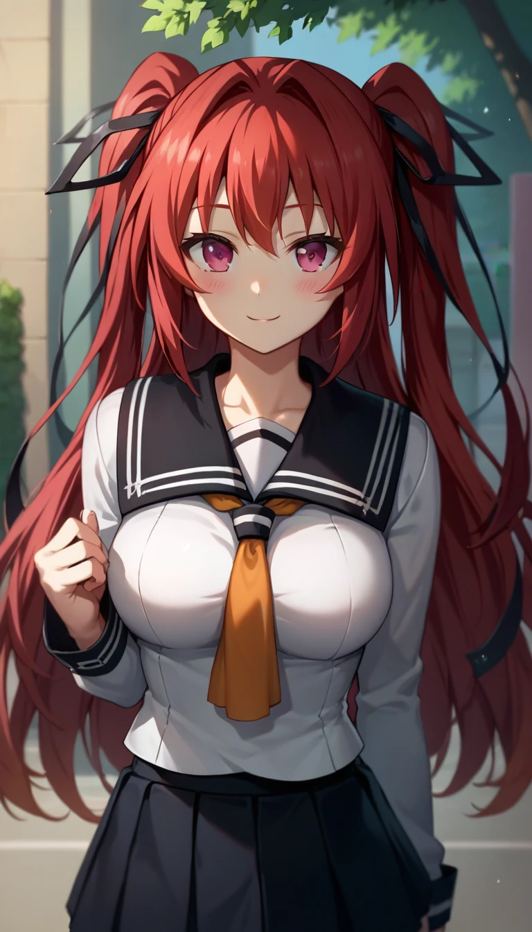 score_9,score_8_up,score_7_up,score_6_up BREAK official art,solo,outdoors,upper body,(portrait:1.5),looking at viewer,facing viewer,smile,blush,Naruse mio,very long hair,red hair,twintails,two side up,hair intakes,hair ribbon,black ribbon,sidelocks,pink eyes,school uniform,black sailor collar,white shirt,orange necktie,large_breasts,skindentation,long sleeves,miniskirt,black skirt,pleated skirt,zettai ryouiki,bow legwear,black thighhighs,loafers,<lora:Naruse mio(ttsnd)-Pony:1.6>,