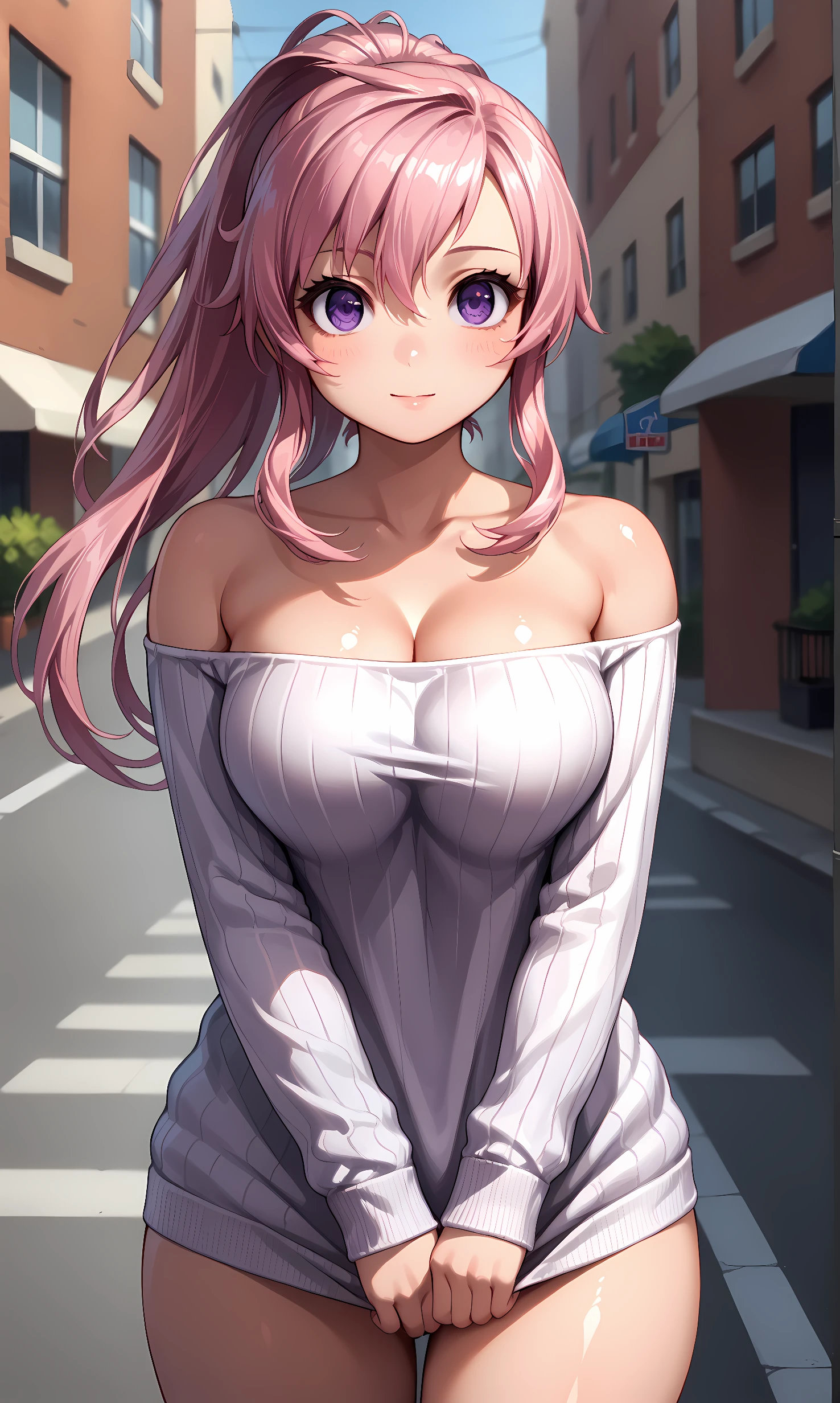  score_9, score_8_up, score_7_up, source_anime, 1girl, solo, outdoors, street, cowboy shot, standing, looking at viewer, shiny skin, maeda_keiji, purple eyes, pink hair, long hair, ponytail, ribbed sweater, sweater dress, off shoulder, bare shoulders, collarbone, cleavage, long sleeves, strapless, v arms