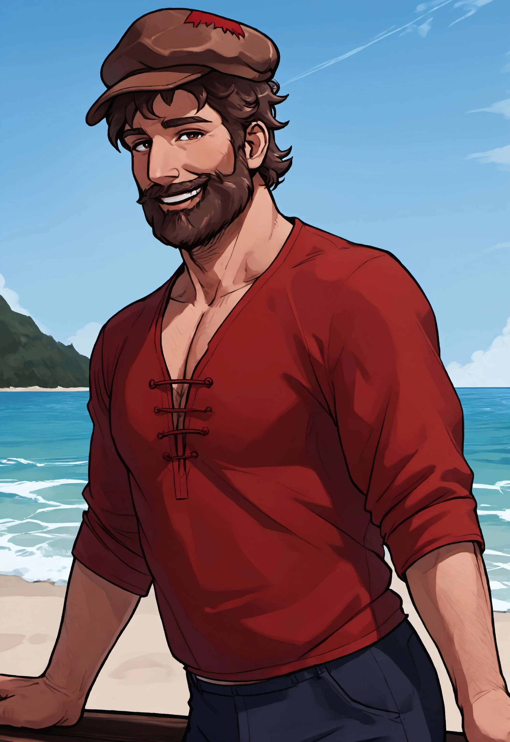 safe_pos, safe_pos, safe_pos, score_9, score_8_up, rating_nsfw, ultra hd, absurdres, best quality, best aesthetic, masculine, solo, 1boy, male focus, perfect proportions, erotic, mature male,

SVWilly, beard, red shirt, hat, brown hair, beach background, sea, looking at viewer, smiling, Expressiveh, WolfConF,