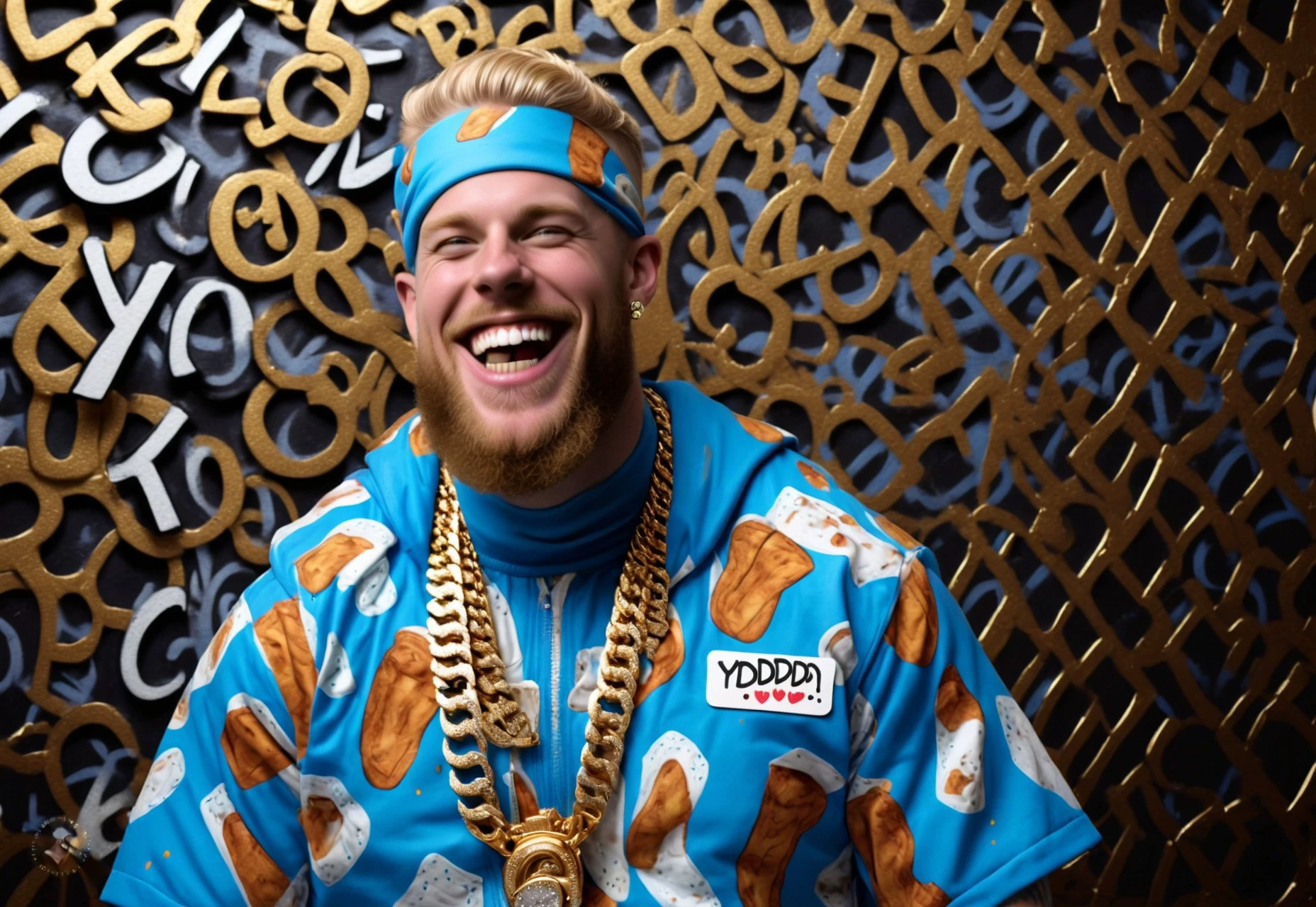 detailxl, Movie Still, Cinematic, Cinematic Lighting, Professional studio photo, a thin 30 year old white male with a big smile, dirty blonde beard, wearing a blue outfit with images of diapers printed all over it and a matching durag with the same diaper print pattern. He is wearing many gold and platinum chains of various styles. He has gold watches. He has gold and platinum grills on his teeth. He is wearing golden coloured sunglasses. He is standing in front of a graffiti coloured wall. He has a colourful speech bubble with colourful letters which say exactly: “yooooooooooo!”