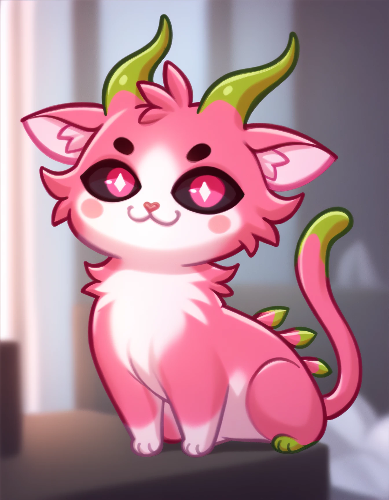 score_9, score_8_up, score_7_up, score_6_up, score_5_up, score_4_up, feral
Fruity, pink fur, two tone fur, black sclera, pink eyes, green horns, necoarccon, lit pupils, cat ears, :3, chibi, <lora:necoarccon-guy-PONYv1:1>
 <lora:Fruity_XL:0.9>