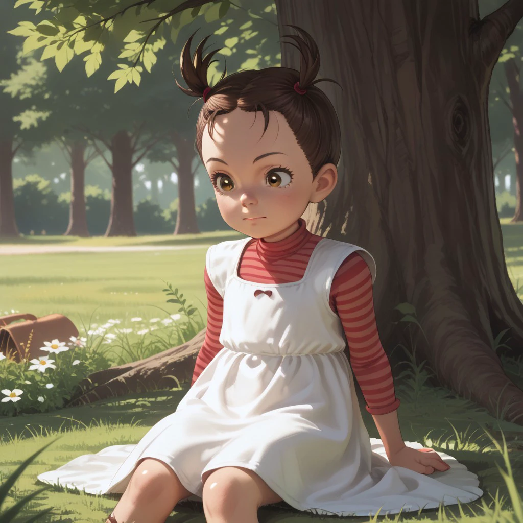 score_9, score_8, score_7, break, female child, cute, erica_atw, brown hair, twintails, brown eyes, striped, white dress, sitting, tree, grass, natural lighting