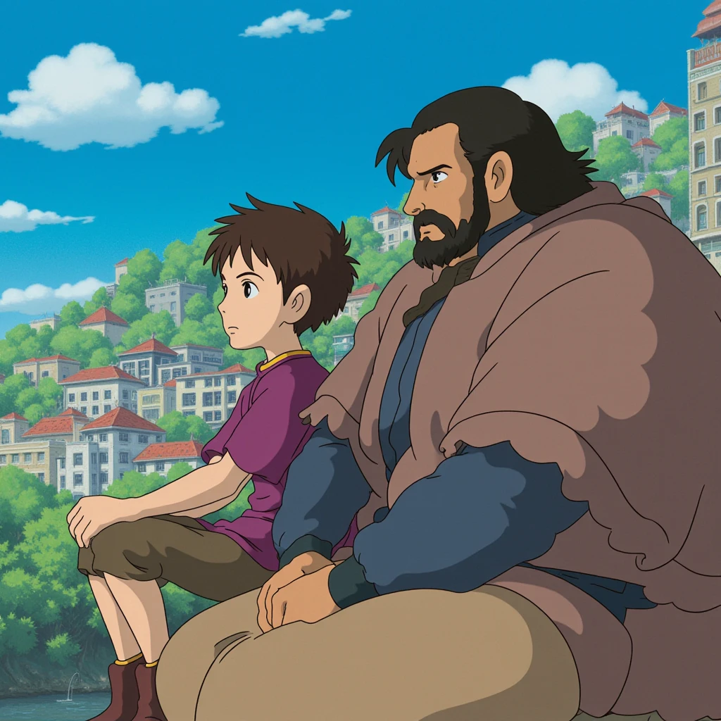 In style of Studio Ghibli. Scene from "Earthsea" film. This image is a digital drawing in the anime style, depicting two characters against a vividly detailed background. The characters are seated, with the older one on the left and the younger one on the right. The older character, likely a man, has a rugged appearance with a full beard, dark hair, and dark skin. He wears a brown cloak and a dark shirt, and his expression is contemplative as he gazes into the distance. The younger character, likely a boy, has short brown hair and a clean-shaven face, with a more innocent and curious expression. He wears a purple shirt with a yellow collar and sits with his arms resting on his knees. The background features a bustling cityscape with colorful buildings, lush greenery, and a clear blue sky with scattered white clouds. The city architecture is detailed, with various structures and a sense of depth, indicating a vibrant, lively urban setting. The overall scene suggests a moment of quiet reflection or observation, with the characters seemingly lost in thought amid the lively cityscape. The image is rich in texture and detail, characteristic of high-quality anime art.