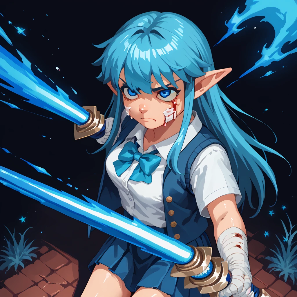 <lora:Expressive_H:0.4> Expressiveh, <lora:taoistp-v1-19:0.9> sktaoistp, 1girl, solo, long aqua hair, blue eyes, pointy ears, school uniform, white shirt, blue skirt, open jacket, annoyed, night, holding sword, energy sword, star \(sky\), attack, torn clothes, blue fire, blood on face, blood on clothes, horror \(theme\), bandaged hand, from above, score_9, score_8_up, score_7_up, score_6_up, score_5_up, score_4_up