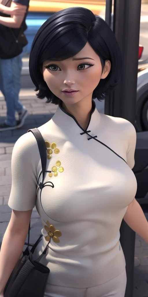 Hyperrealistic, photorealistic, super detailed, white Cheongsam with a red black and gold plant design, blue trousers, gray eyes, short black hair with blue highlights, body like in real life, large pores, fair skin, short, beautiful arms, medium breasts, unreal engine, octane render, droped shadow, bokeh, cinematic lighting, <lora:add_detail:0.5>, <lora:Volumetric_lighting:0.6>, Sabine Cheng, <lora:3eec2536-ee60-46c7-b61e-d14fd03d3ae0:0.7>