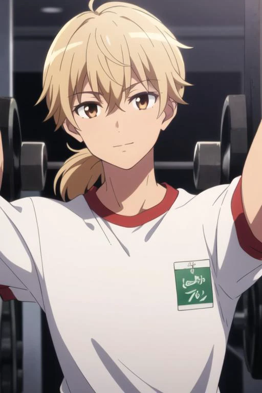 masterpiece, best quality, high quality, 1boy, solo, male focus, looking at viewer, upper body, <lora:ashura_kokuhou:0.56>, ashura_kokuhou, brown eyes, blonde hair, ponytail, , gym uniform