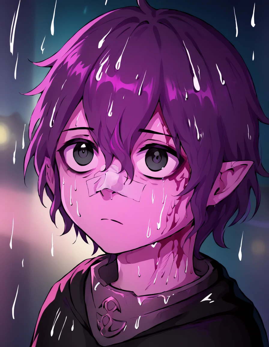 <lora:Emerada:1> 3m3rada, 1boy, solo, black hooded cloak, short hair, pointy ears, hair between eyes, purple hair, black eyes, 
 <lora:YouLookLonelyXL_byKonan:1> portrait, bandaid on nose, blurry background, pink lighting, night, dark, pink theme || blood on face, rain