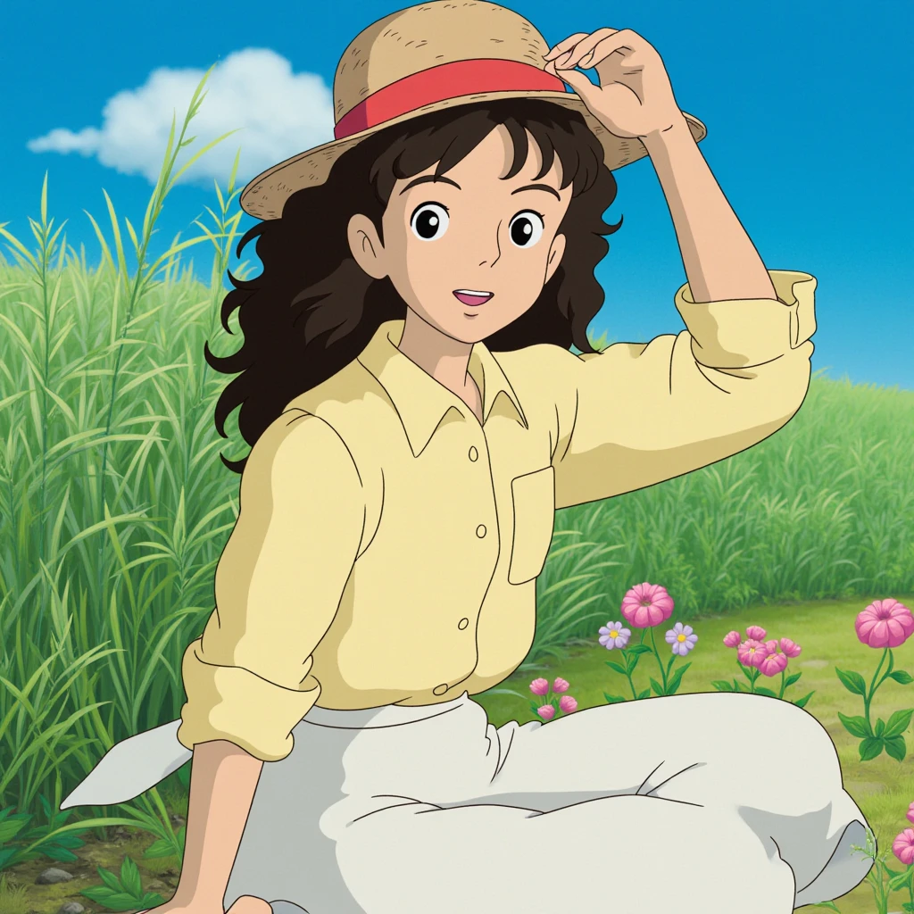 In style of Studio Ghibli. Scene from "Wind Rises" film. This image is a digital drawing in an anime style, depicting a young woman in a rural setting. She has light brown skin and curly black hair, which is styled in loose waves. Her large, expressive brown eyes are wide open, and she has a slight smile on her face. She wears a straw hat with a red band, which she holds up with one hand, revealing her fair complexion. Her attire consists of a light yellow blouse with rolled-up sleeves and a white apron tied at the waist. She is seated on the ground among tall, green grass and wildflowers, including pink and white blossoms, which are scattered around her. The background features a clear blue sky with fluffy white clouds, suggesting a serene, sunny day. The overall texture of the drawing is smooth, with clean lines and vibrant colors typical of anime art. The image conveys a sense of joy and tranquility, with the subject immersed in a peaceful, natural environment. The drawing is reminiscent of classic anime works, characterized by its bright, expressive style and detailed, yet simplified, character design.