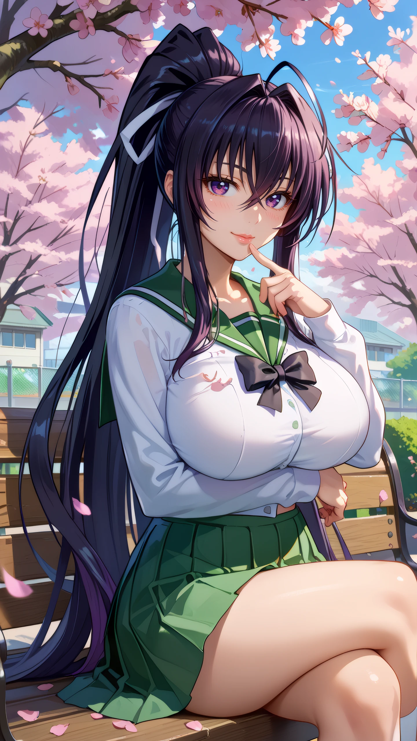 score_9, score_8_up, score_7_up, 1girl, looking at viewer, cowboy shot,
himejima akeno, high school dxd, purple eyes, black hair, long hair, high ponytail, hair between eyes, hotd_school_uniform, school uniform, serafuku, green skirt, pleated skirt, black bowtie, <lora:HOTD_Uniform_Dwnsty-000008:0.6>,
mature female, huge breasts, skindentation, lips, light smile, blush, sitting, on bench, crossed legs, finger to mouth, 
outdoors, school yard, falling petals, cherry blossoms,