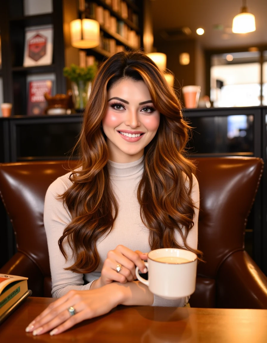 A charming portrait of Urv4sh1, an 18-year-old Indian woman, sitting in a cozy cafe.

Subject: Urv4sh1 is seated comfortably on a stylish chair, holding a coffee cup in one hand and looking straight at the camera. Her expression is warm and inviting, with a gentle smile playing on her lips. Her long, flowing brown hair cascades over her shoulders, framing her youthful face. Her fair skin has a natural, healthy glow enhanced by the warm lighting of the cafe.

Background: The cafe setting is warm and inviting, with soft, out-of-focus elements that suggest a cozy atmosphere. Wooden tables, bookshelves, and warm-toned decor create a comfortable ambiance without distracting from the subject.

Foreground: Urv4sh1's hands are visible, gracefully holding a ceramic coffee cup. The table in front of her is partially visible, perhaps with a book or a small plant to add depth to the scene.

Camera angle: A straight-on, medium close-up shot that captures Urv4sh1 from the waist up, allowing the viewer to see her seated posture and the coffee cup in her hand. The camera is positioned at eye level, creating a direct and engaging connection with the subject.