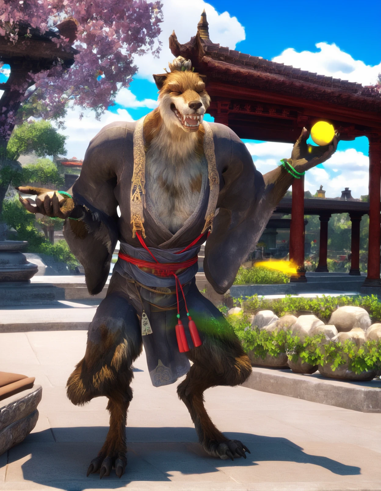 xudog, 3d \(artwork\),  dog,  anthro, solo, male, grey robe, red string accessory, lotus hair bun, full-length portrait, open mouth, smile, fangs, happy, eyes closed, raised hand, holding yellow energy ball, sparks, digitigrade, sky, east asian palace, detailed fur, cloud, garden,
<lora:BlackMythXuDog_1.0.4:1>