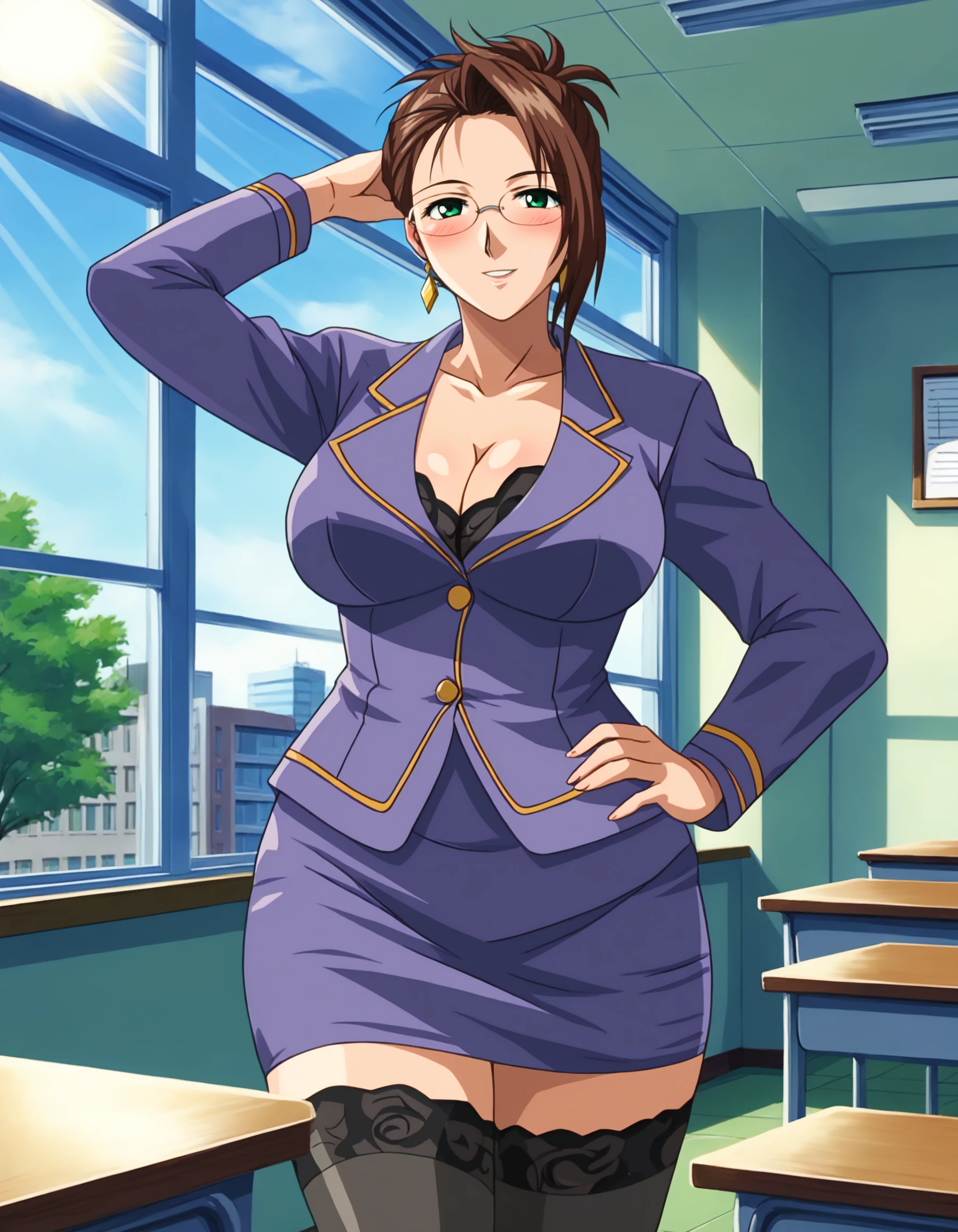 score_9,
a girl is standing, leaning on table, hand behind head, hand on own hip,
Remi Izumi, 1girl, mature female, solo,
looking at viewer, blush, smile, parted lips,
brown hair, short hair, hair up, hairclip, glasses, green eyes, earrings,
blazer,  pencil skirt, black thighhighs, lace trim,
curvy, large breasts, thick thighs, cleavage,
indoors, classroom, window, sky, sunlight, city, sun, day,
<lora:Remi Izumi3216PDXL:1>