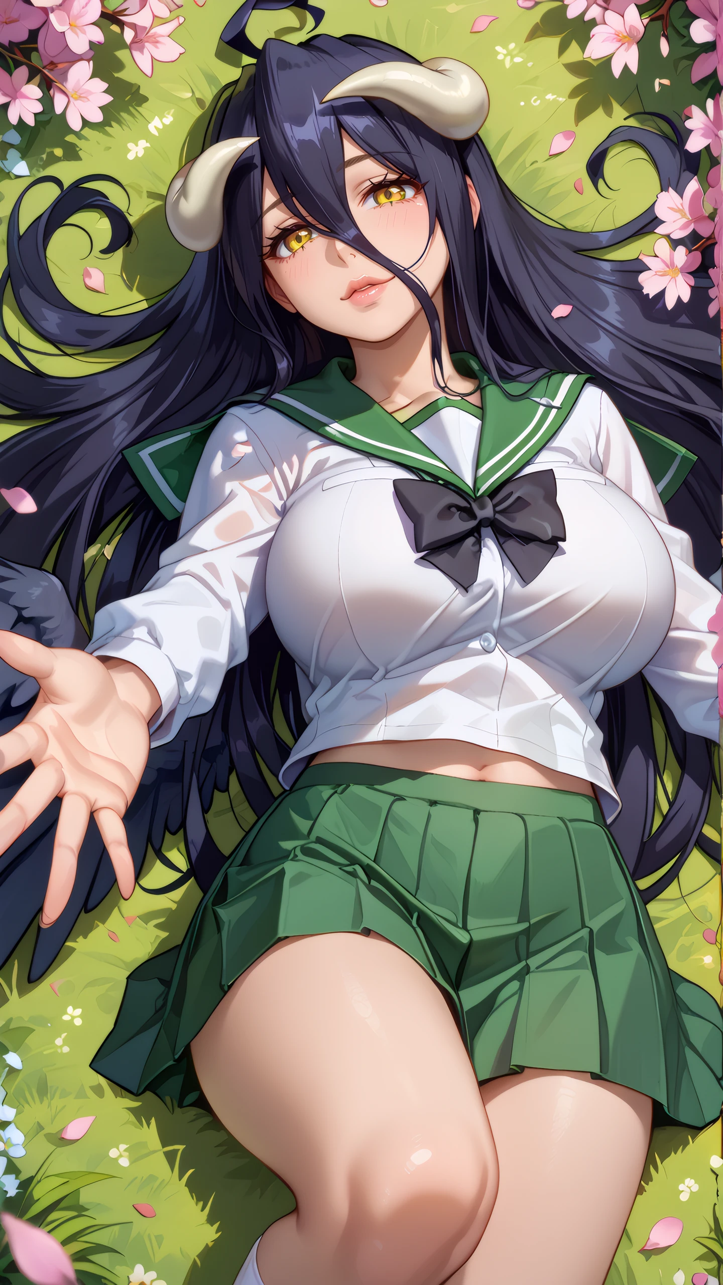 score_9, score_8_up, score_7_up, 1girl, looking at viewer, cowboy shot, close-up, 
albedo (overlord), black hair, long hair, hair hair between eyes, yellow eyes, horns, hotd_school_uniform, school uniform, serafuku, green skirt, pleated skirt, black bowtie, <lora:HOTD_Uniform_Dwnsty-000008:0.6>,
mature female, huge breasts, skindentation, lips, lying, on back, outstretched arms, from above, 
outdoors, school yard, falling petals, cherry blossoms, grass,