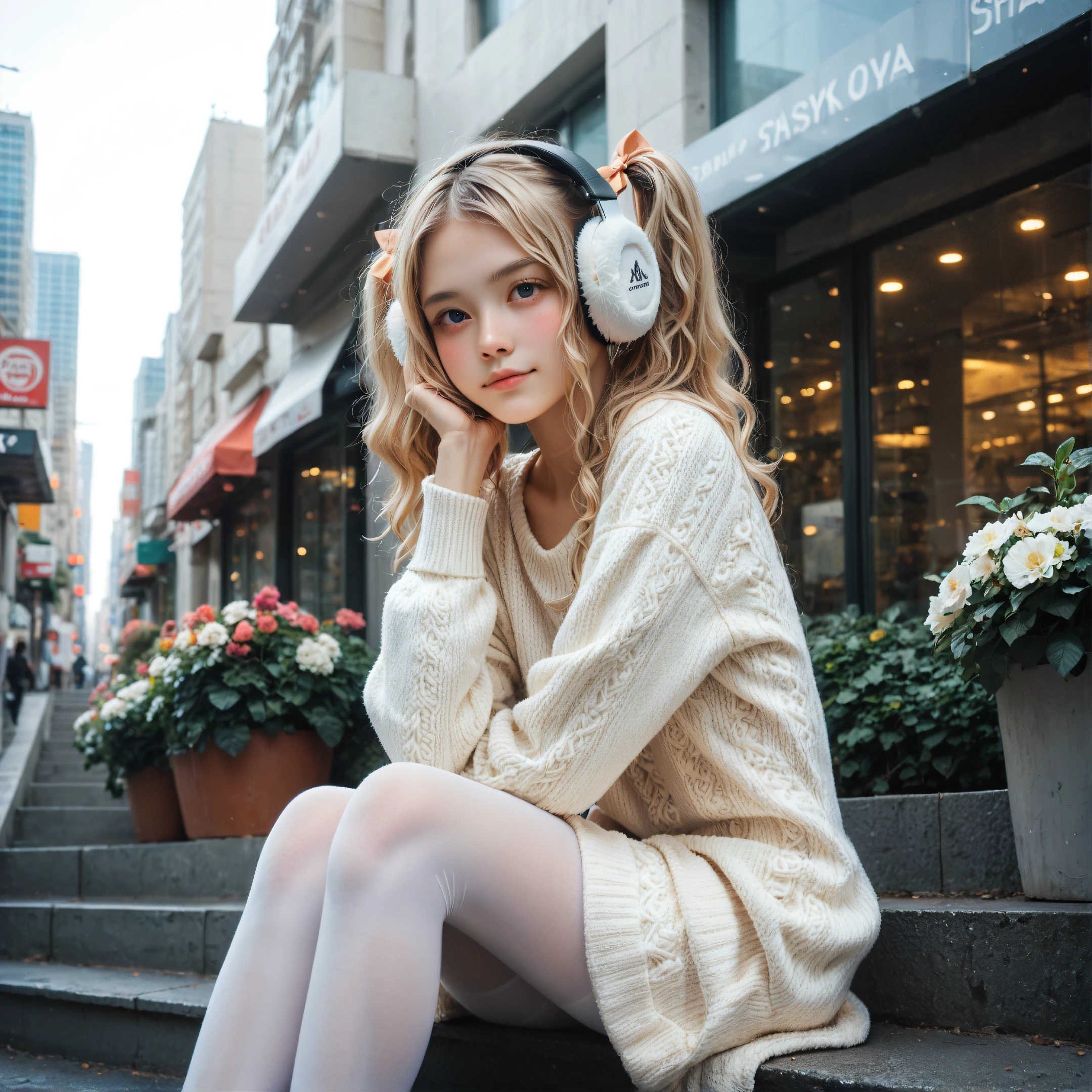 score_9,score_8_up,score_7_up,
straight_below,side_view,looking_at_viewer,medium_full_shot,face_focus,
BREAK
1girl,sideways,sitting_on_stairs,arm_support,head_tilted,perfect_face,thin_face,white_hair,twintails_wavy_hair,hair_bow,sweater_dress,plush_earmuffs,slim,white_pantyhose,(smirk:0.9),shy,full-face_blush,
BREAK
cityscape,shop, glass, flowers, sunshine, summerday