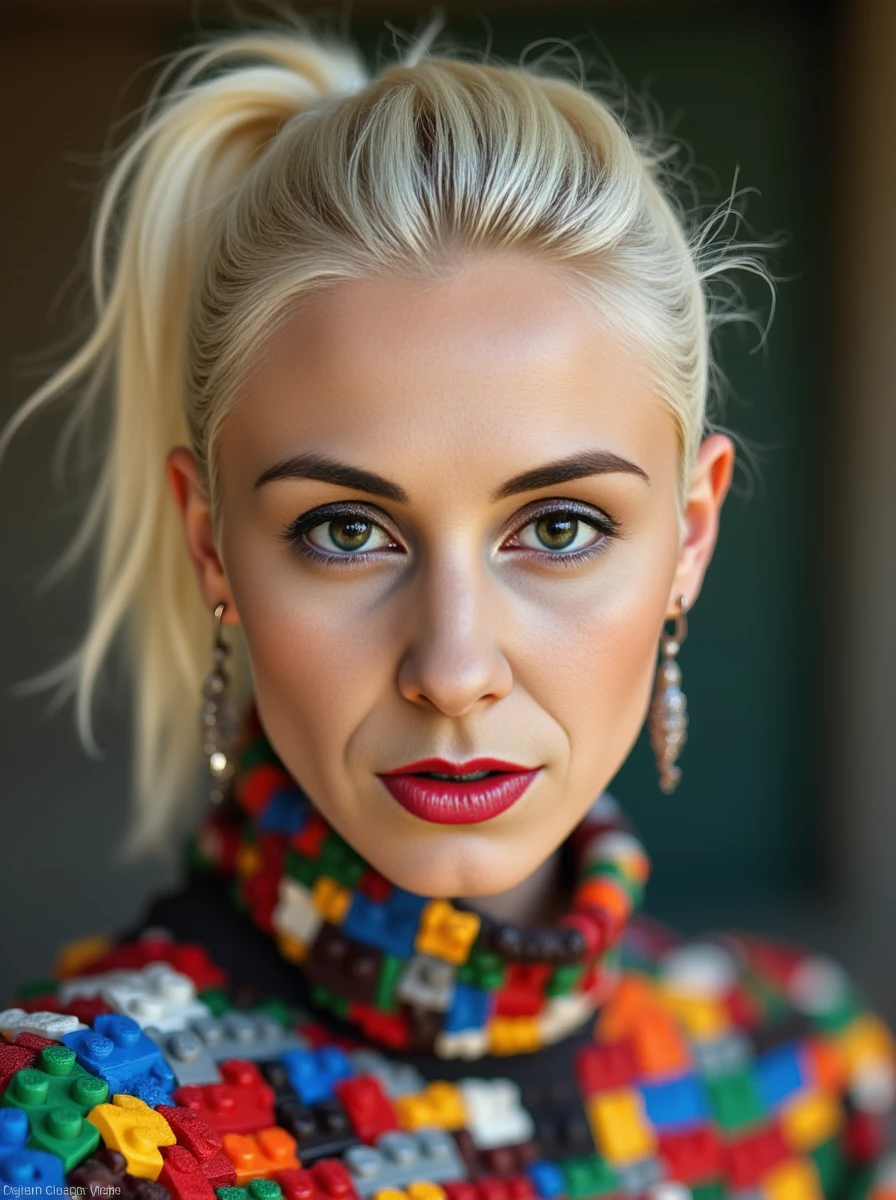 close up face portrait of a platinum-blonde woman. Her high detailed skin texture with skin details like pores, small hairs and subsurface scattering. She has a ponytail. Her expression serious. She is wearing a full-body mosaic of LEGO bricks with detachable pieces that can be rearranged into different shapes.Shot from above, with warm color lighting. <lora:lisalora:1.2>