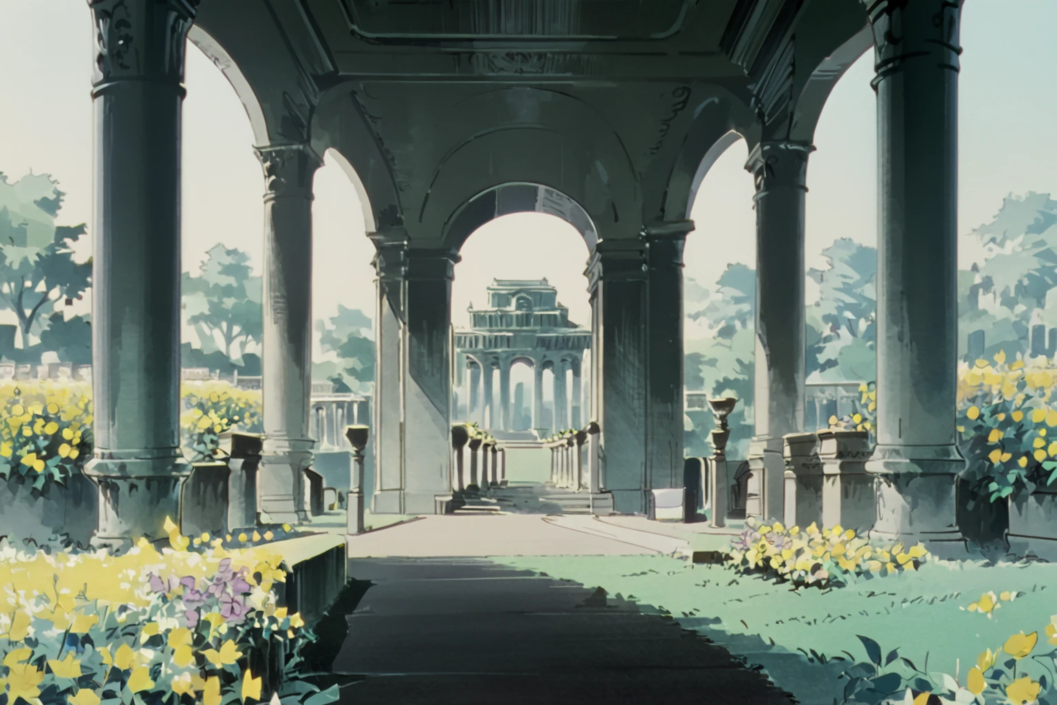 (NO-HUMANS:1.4), utenaki, background focus, stately courtyard with flowers and columns, <lora:utenakiPXL:0.9>, (score_9, score_8_up, score_7_up)