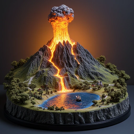 A miniature diorama of a volcano erupting over pompei, glowing magma cascasding down the side of the volcano, smoke billowing from the top of the volcano,