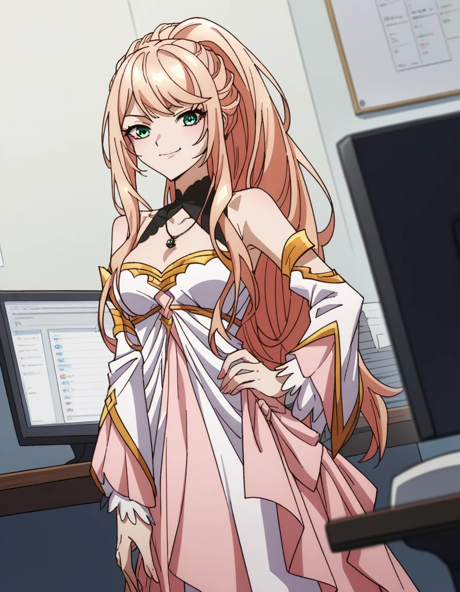 score_9, score_8_up, score_7_up, source_anime, <lora:lexia-von-arselia-s1-ponyxl-lora-nochekaiser:1>, lexia von arselia, long hair, blonde hair, green eyes, ponytail, pink hair, medium breasts,, dress, bare shoulders, detached sleeves, white dress,, home office, working from home, computer screen, coffee cup, focus, deadline, , looking at viewer, smug, hand on hips,, solo,, cowboy shot, dutch angle,