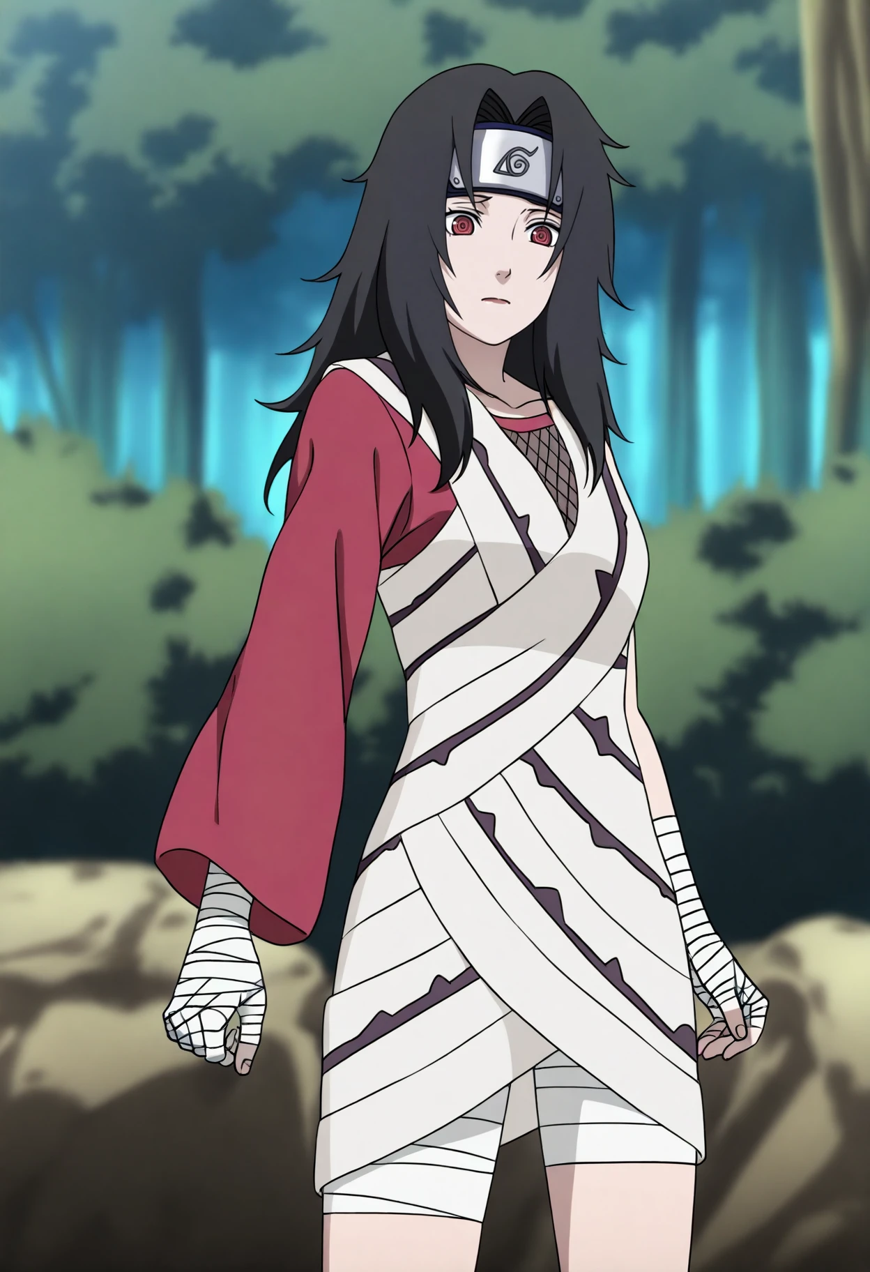 best quality, amazing quality, very aesthetic, absurdres,
1girl, kurenai, black hair, long hair, red eyes, bandages, forehead protector, fishnet top, asymmetrical clothes, single sleeve, bandaged arm,
cowboy shot, outdoors, forest, anime screencap, anime coloring    <lora:KurenaiIllustriousXL_byKonan:1>