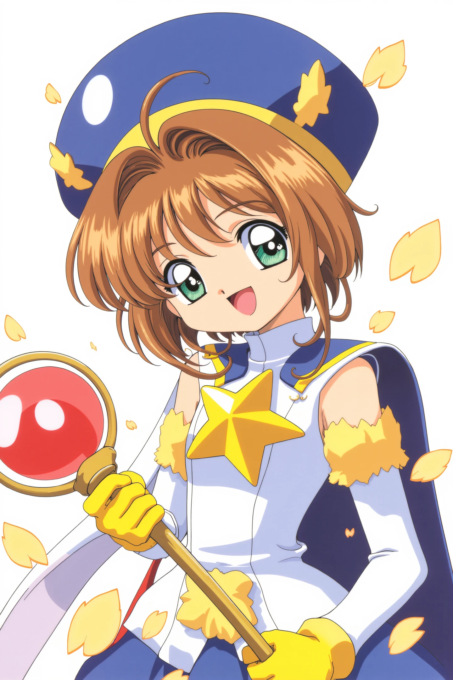 kinomoto sakura, 1girl, brown hair, solo, green eyes, gloves, hat, yellow gloves, short hair, holding, blue headwear, open mouth, smile, looking at viewer, petals, magical girl, cape, wand
<lora:Card Captor Sakura Anime_FLUX:1>