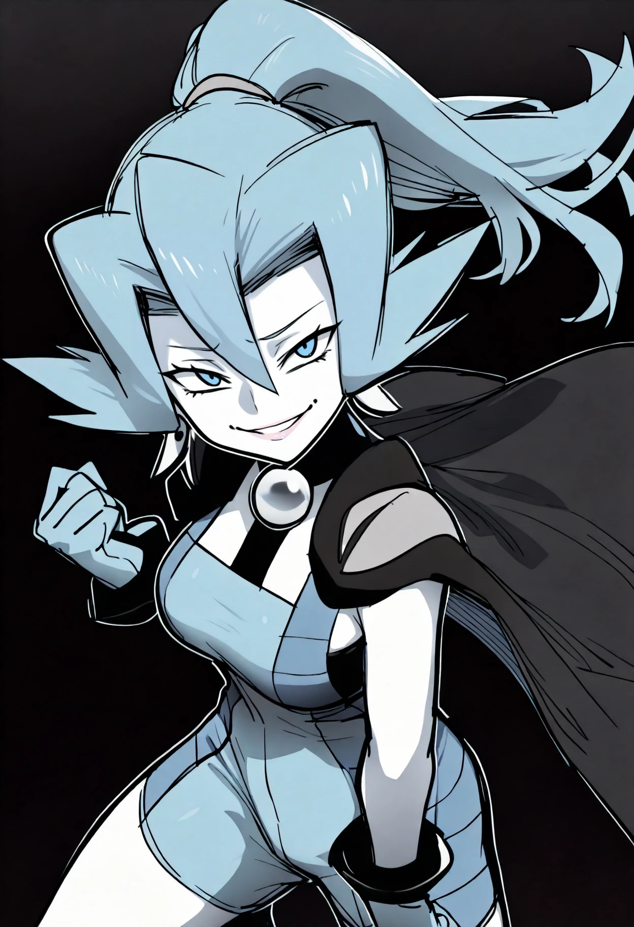 best quality, amazing quality, very aesthetic, absurdres,
monochrome, greyscale, ebiblue, gesugao,
1girl, clair, bangs, blue hair, blue eyes, ponytail, long hair, hair between eyes, earrings, floating hair,
cape, blue bodysuit, blue gloves,
(glowing eyes:0.5), smile, looking at viewer, solo, sketch, black background <lora:EbiblueIllustriousXL_byKonan:1> <lora:ClairIllustriousXL_byKonan:1>