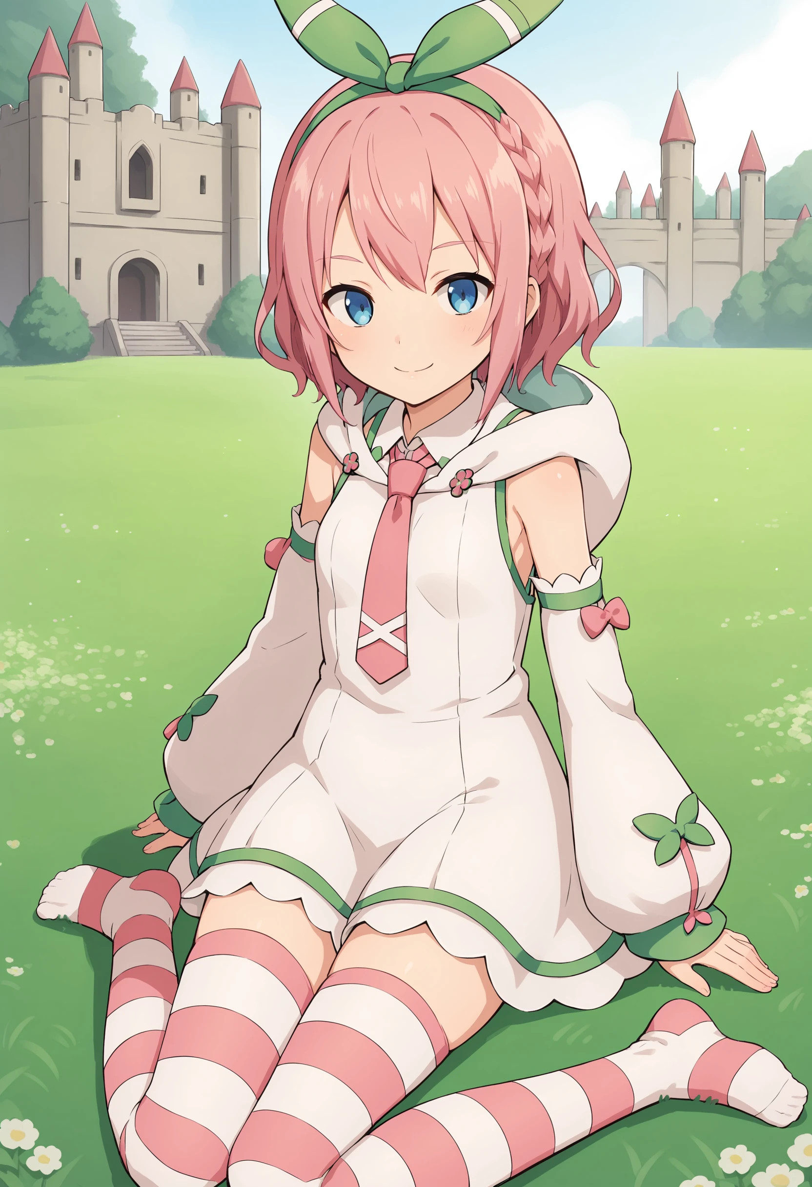 1girl, solo, kana tales, pink hair, blue eyes, short hair, braid, green hairband, dress, white dress, sleeveless, sleeveless dress, hooded dress, pink necktie, detached sleeves, sleeves past wrists, thighhighs, pink thighhighs, striped, striped thighhighs, smile, looking at viewer, sitting, feet out of frame, outdoors, field, castle, source_anime, score_9, score_8_up, score_7_up, score_6_up, score_5_up, score_4_up, <lora:kana tales:0.7>