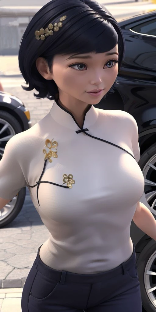 Hyperrealistic, photorealistic, super detailed, white Cheongsam with a red black and gold plant design, blue trousers, gray eyes, short black hair with blue highlights, body like in real life, large pores, fair skin, short, beautiful arms, medium breasts, unreal engine, octane render, droped shadow, bokeh, cinematic lighting, <lora:add_detail:0.5>, <lora:Volumetric_lighting:0.6>, Sabine Cheng, <lora:3eec2536-ee60-46c7-b61e-d14fd03d3ae0:0.7>