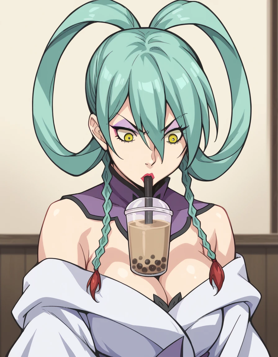 score_9, score_8_up, score_7_up, source_anime, <lora:kamu-oichi-hime-s1-ponyxl-lora-nochekaiser:1>, kamu oichi hime, braid, green hair, twin braids, aqua hair, makeup, lipstick, hair rings, yellow eyes, large breasts, <lora:bubble-tea-challenge-ponyxl-lora-nochekaiser:1>, bubble tea challenge, bubble tea, object on breast, drinking straw, drinking straw in mouth, drinking, cup,, indoors, sitting, looking down, , cowboy shot, dutch angle,