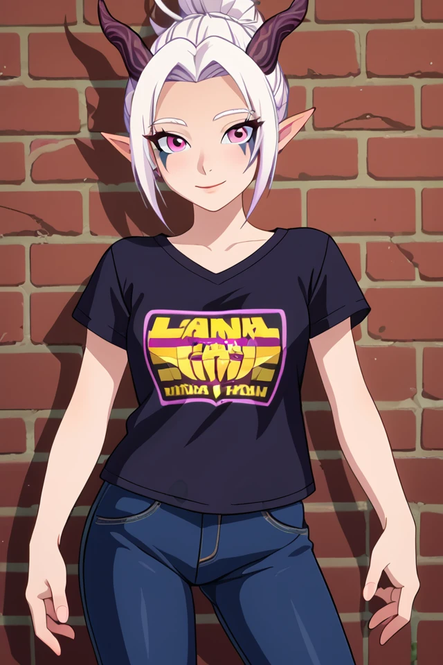 score_9, score_8_up, score_7_up, rayla, rayla (the dragon prince), the dragon prince, long hair, short hair, white hair, (horns), pointy ears, purple eyes, boots, nature, smile, looking at viewer, cowboy shot, big natural breast, adult female, facial mark, fewer digits, elf, athletic, elf female, elf girl, lilac eyes, hair bun, slender, curvy, upper body, close-up, (four fingers), (4fingers), erotic female, seductive smile, seductive eyes, seductive face, sexy, <lora:RaylaTheDragonPrincePonyXL-10:0.7>, Rayla is posing for a fashion magazine, anime, official artwork, wearing 70s era British Punk clothing, leather pants, mesh T-shirt and black bra, flash photography, candid photography, intense expression, mouth slightly open, Edo era japan alleyway background, white hair, horns, elf ears, four fingers, facial makeup,