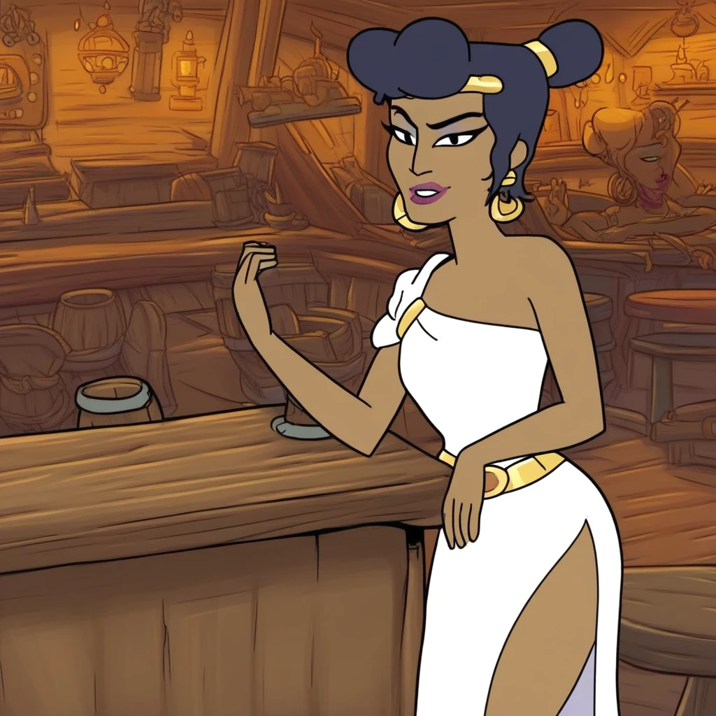 score_9, solo, deliria_k, black hair, hair bun, dark-skinned female, jewelry, lipstick, earrings, dress, side slit, tavern,