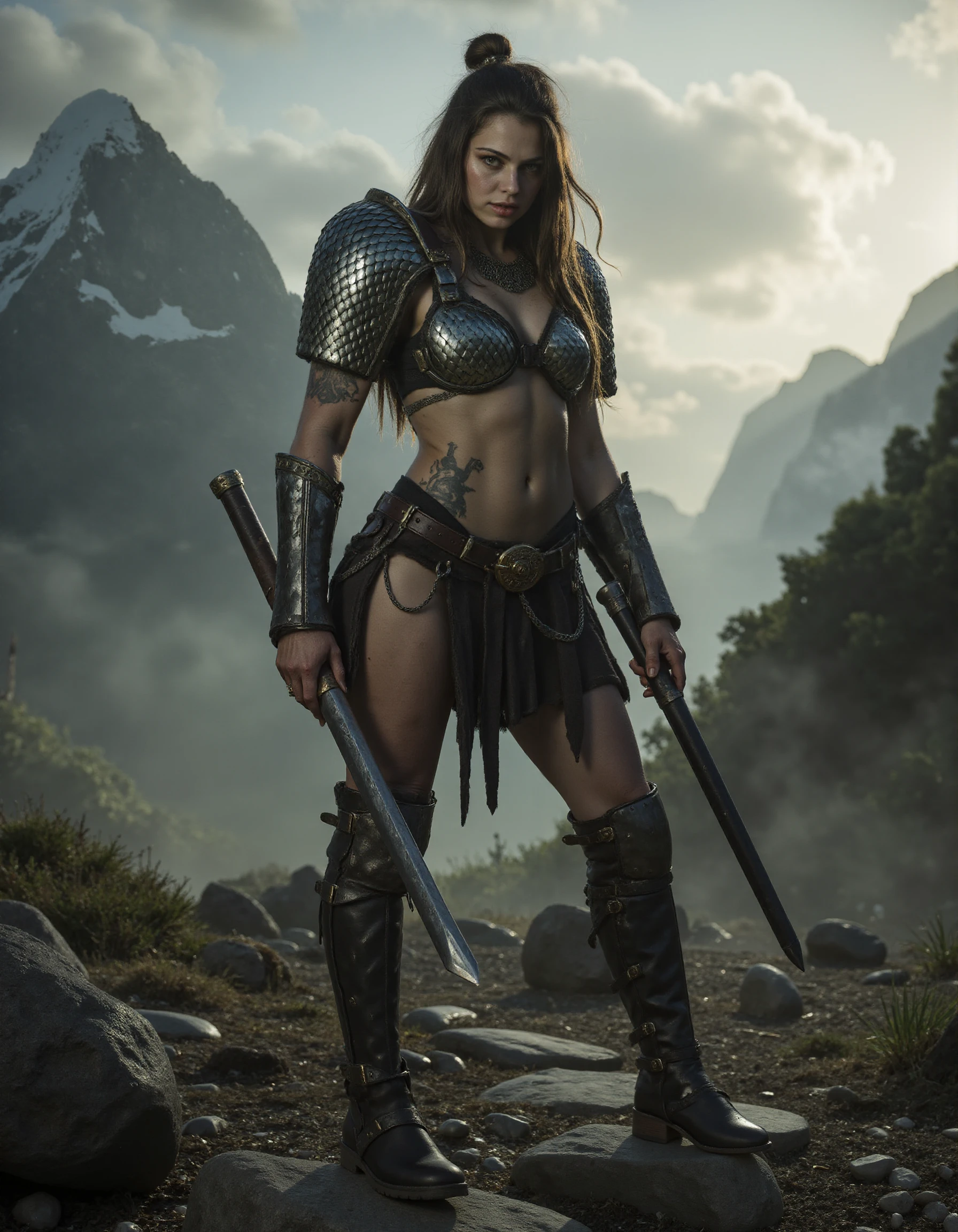 medium shot of perfect sensual barbarian sexy voluptuous woman, standing in a mountain region, fantasy, fit athletic body, abs, a sexy female barbarian, wearing scale armor bikini, exposed midriff, exposed thighs, metal scales, SCLARMR, bikini lamellar armor, image from the thighs up, masterpiece, dramatic lighting, back lit, dramatic epic scene, mist and smoke, cinematic, dramatic lighting, 100mm f/2.8 macro lens, freckles, skin pores, pores, vellus hair, macro, extreme details, looking at viewer, serious expression, investigative stare <lora:Flux_Skin_Texture:0.7> <lora:FluxDFaeTasticDetails:0.8> <lora:detailed photorealism style v3:0.5>  <lora:Dark Cinematic:0.7> DRK <lora:Scale_Armor_-_FLUX-000012:0.9>