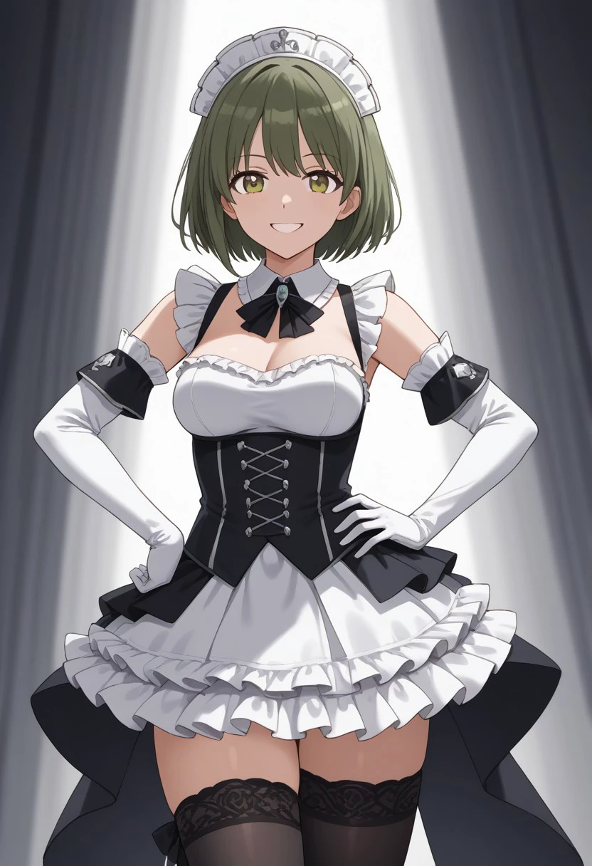 (masterpiece), best quality, expressive eyes, perfect face,  gloves,  thighhighs, smile, detached sleeves, single thighhigh, hand on hip,looking at viewer, v, white gloves, breasts, skirt, black thighhighs, detached collar, frills, medium breasts, standing, nichika