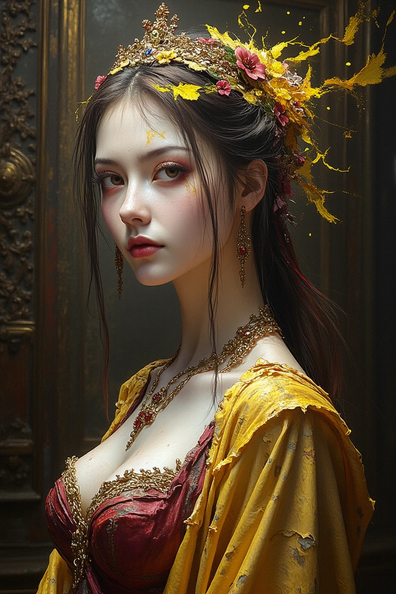 ahx,a baroque portrait painting of a princess, bright yellow graffitti over it,tagging-like marks, made of all of the above, dark academia, visible paintbrush