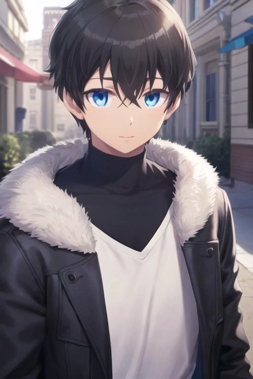 masterpiece, best quality, high quality, 1boy, solo, male focus, looking at viewer, upper body, <lora:youta_narukami:0.72>, youta_narukami, blue eyes, black hair, hair between eyes, realistic, coat