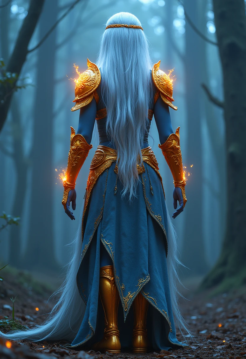 full body shot ,full body of a fierce elf warrior with glowing golden armor, ethereal blue skin, flowing silver hair. Set against a twilight forest background, the scene is illuminated by soft, mystical light filtering through the trees. The elf's armor is intricately designed with magical runes, slightly worn from battle, but still radiating power. capturing the intense gaze and elegance of the warrior.DQuarkeen,  gloves, standing, full body, white hair, from behind, armor, colored skin, crown, shoulder armor, blue skin, facing away, Highly detailed, 8k resolution, fantasy realism, mystical atmosphere, dramatic lighting, enchanted environment. (( VIEW from behind )) dquarkeen <lora:FLUX_DQuarkeen_LoRA-000003:1>