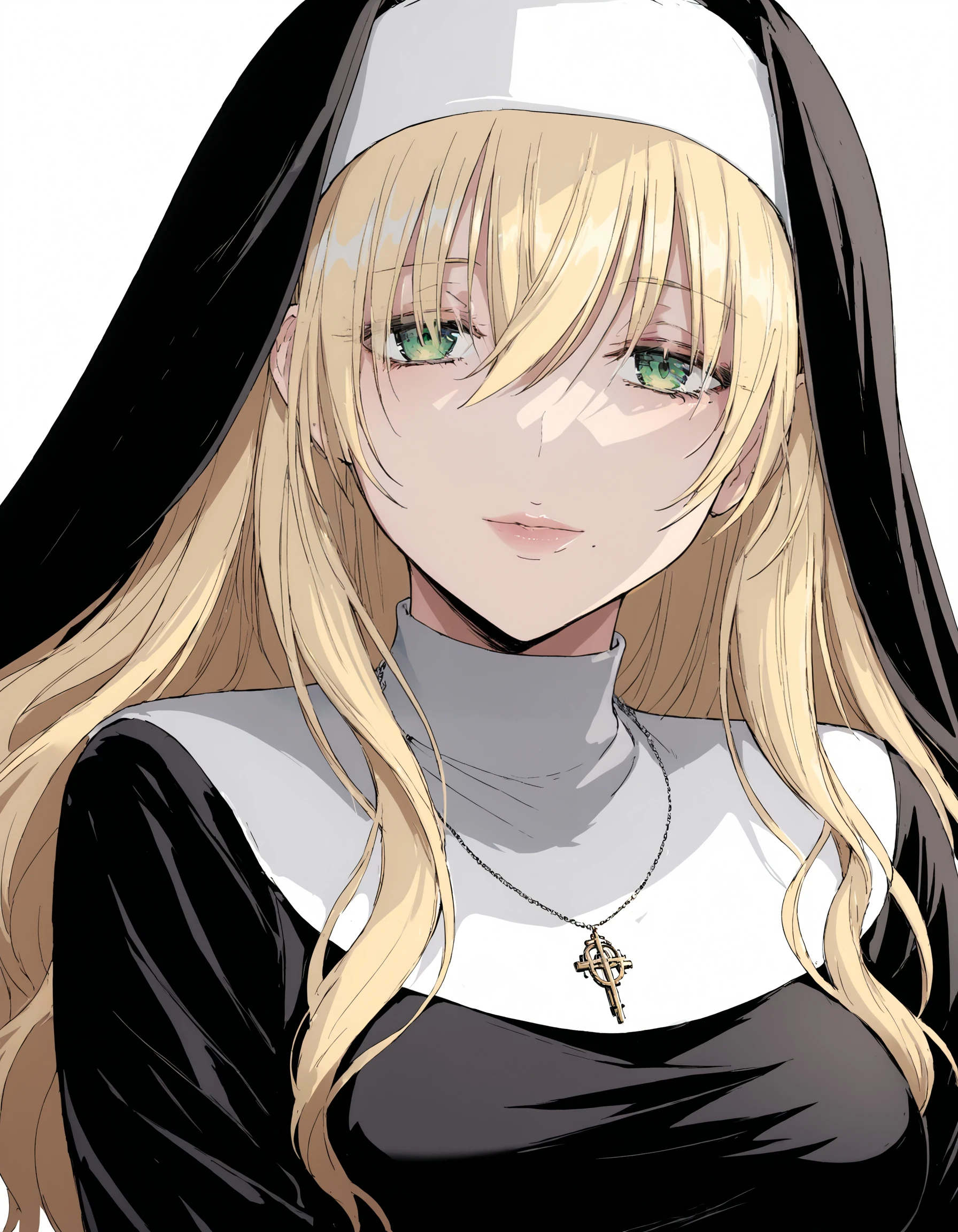 score_9, score_8_up, score_7_up, source_anime
BREAK 1girl, solo, <lora:SisterXL-v2:0.9>, s1s, blonde hair, green eyes, cross necklace, nun, habit, black veil, white coif, black dress, long sleeves, looking at viewer, upper body, white background