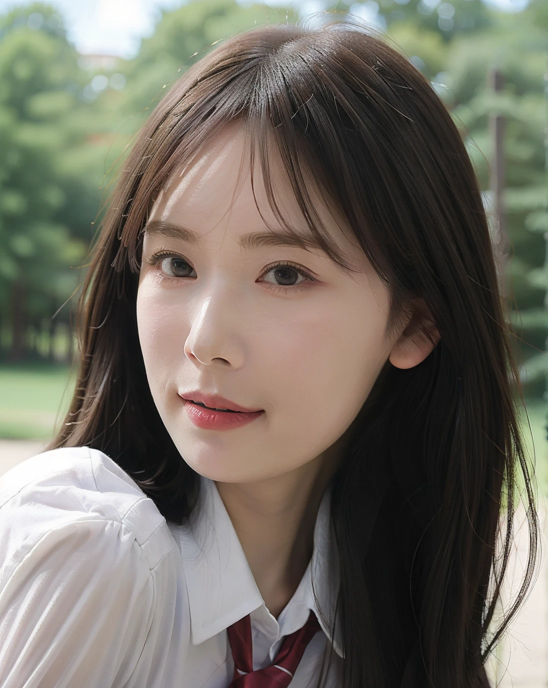 1girl,solo,long hair,bangs,brown hair,black eyes,nose,smile,school uniform,forest,outdoors,dappled sunlight,scenery,close-up,from_side,blurry,depth of field,((realistic)),(reality),Highly detailed,(ultra-detailed),(best quality,masterpiece:1.5),<lora:JAV-Akari(SD1.5):0.65>,