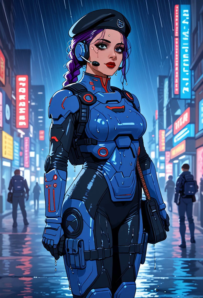 score_9, score_8_up, score_7_up, best quality, fusilier:1.2, masterpiece, cyberpunk indian girl, indian woman skin,   long twin braid, bangs, blue military satchel beret, dark eyeshadow, blue armour, panoceania, violet hair, military insignias, stripes, red lips, headset, blue and gray power armour, black bodysuit, assault rifle, on a cyberpunk street at night, neon signs, american city, heavy rain, wet, wet hair, wet skin, wet clothes, bokeh, vibrant, surreal colours, High Definition HD, High Detail, Perfect Composition, mythp0rt