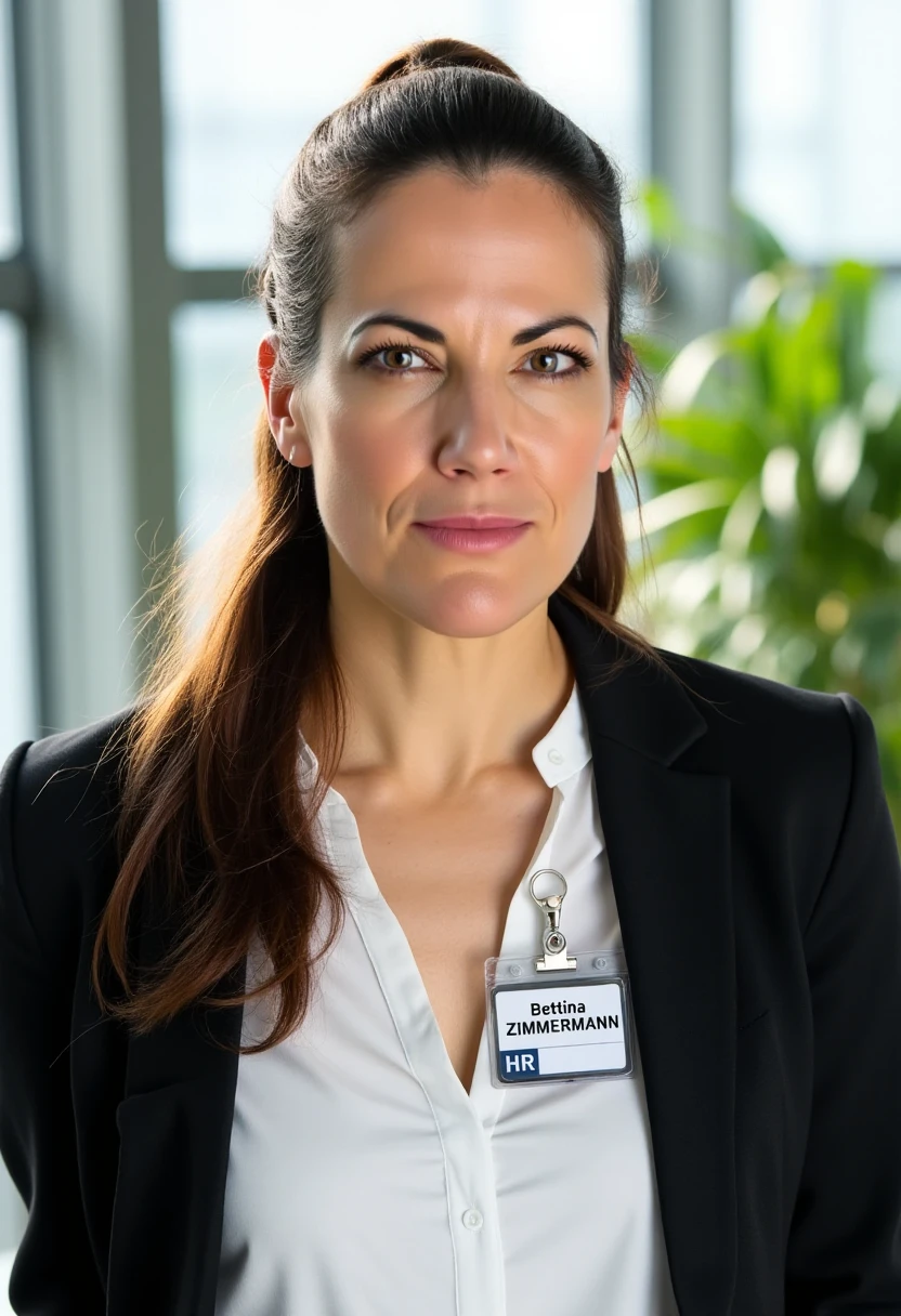 A portrait photo of bettinazimmermann, a 45 year old woman. She has long brunette hair bound to a ponytail. She has a serious and stern expression on her face. She is wearing a professional white shirt and a black business suit. A simple ID badge with black text name "Bettina ZIMMERMANN" and title "HR" is clipped to the suit jacket. The background is blurry and shows a modern office with house plants. Sunlight is shining through large windows.