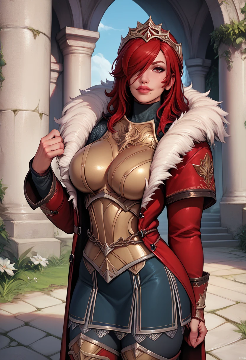 gwen tennyson,tracer,bulma,rebecca chambers,1girl,close up,face paint, hunter uniform,elven armor,gold neck jewelry,body tattoos,short hair,long dress,wolf fur, ceremonial cape,viking corset,tight skirt,elven forest,gold,amulets,tribal piercings and tattoos,white tribal top,green eyes,orange hair,shy smile,freckles,redhead,beautiful girl,large breasts,thigh high boots,ultra detailed,realistic,fantasy art,garter belt,braided hair,holding a sword,