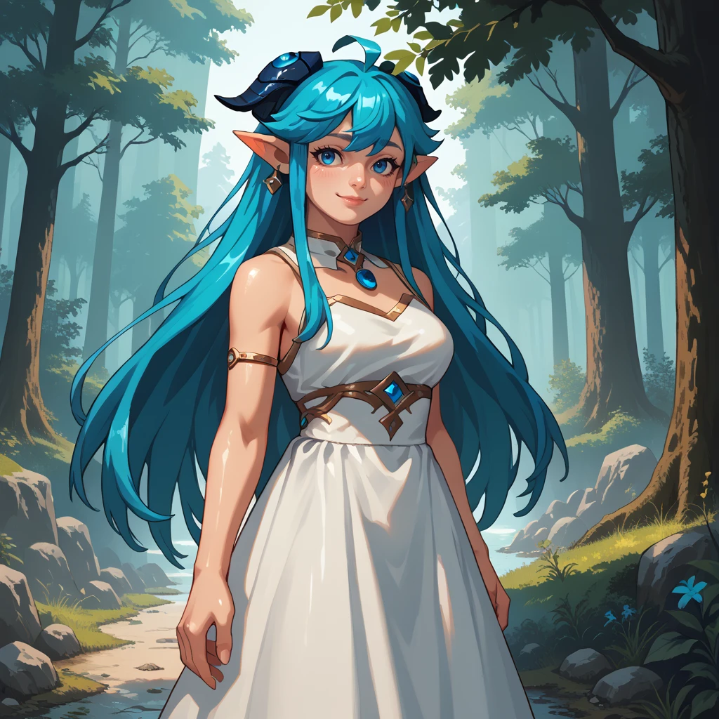 <lora:taoistp-v1-19:0.9> sktaoistp:0.5, 1girl, long aqua hair, blue eyes, pointy ears, white dress, day, forest, magical_place, score_9, score_8_up, score_7_up, score_6_up, score_5_up, score_4_up