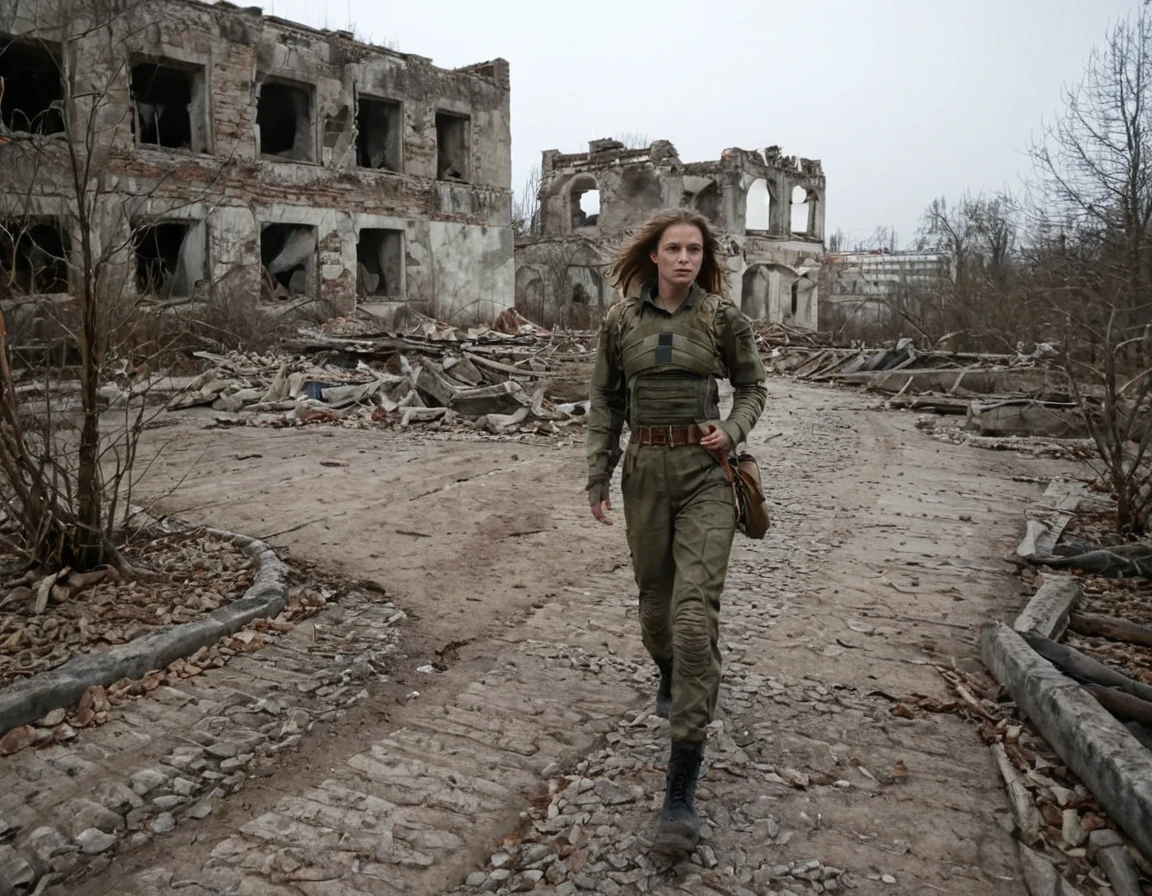 woman, stalker, among ruins, run