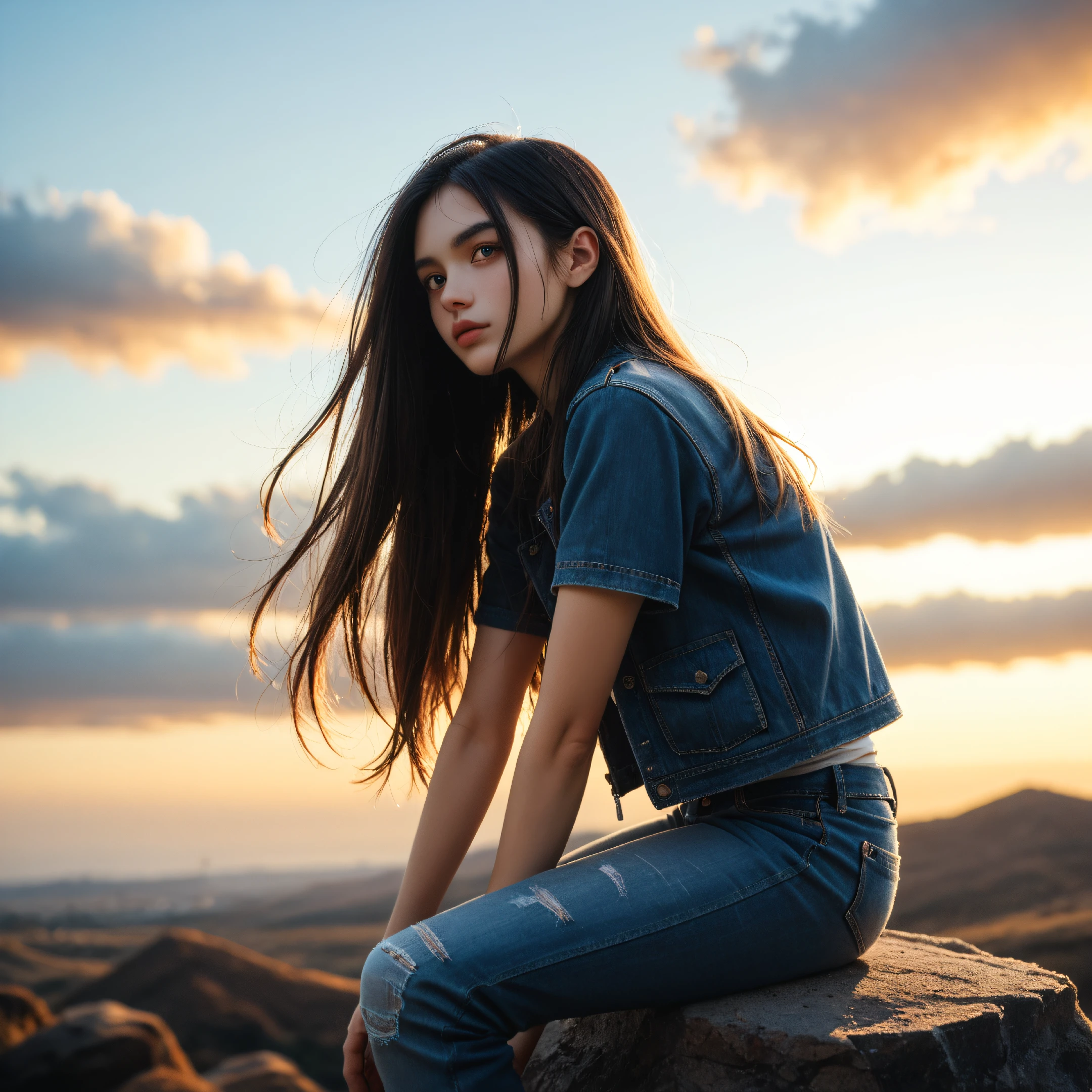 score_9,score_8_up,score_7_up,straight_below,from_side,looking_at_viewer,face_focus,
BREAK
1girl,sitting_on_rock,(flying_hair:0.9),arm_support,arched_back,perfect_face,very_long_hair,denim_jacket,t-shirt,tight_pants,hilltop,vision,scenery,clear,blue_sky,clouds,sunshine,
BREAK
sexy_view,unique_pose,unique_perspective,wide_view,Expressiveh,volumetric_lighting,vivid_colours,rembrandt_lighting,blurry_background,depth_of_field,high_contrast,dramatic_shadows,dramatic_lighting,highly_detailed,high_contrast,film_grain,