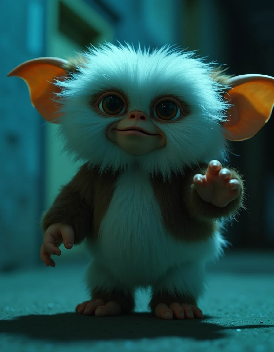 gzm, Cinematic, dreamy lighting, front facing view, at night, a fluffy gizmo, zombie gizmo, hands up chasing someone, highly detailed fur, colors: green, blue, grey,  ultra realistic, ultra realistic textures  <lora:gizmo-flux:1>