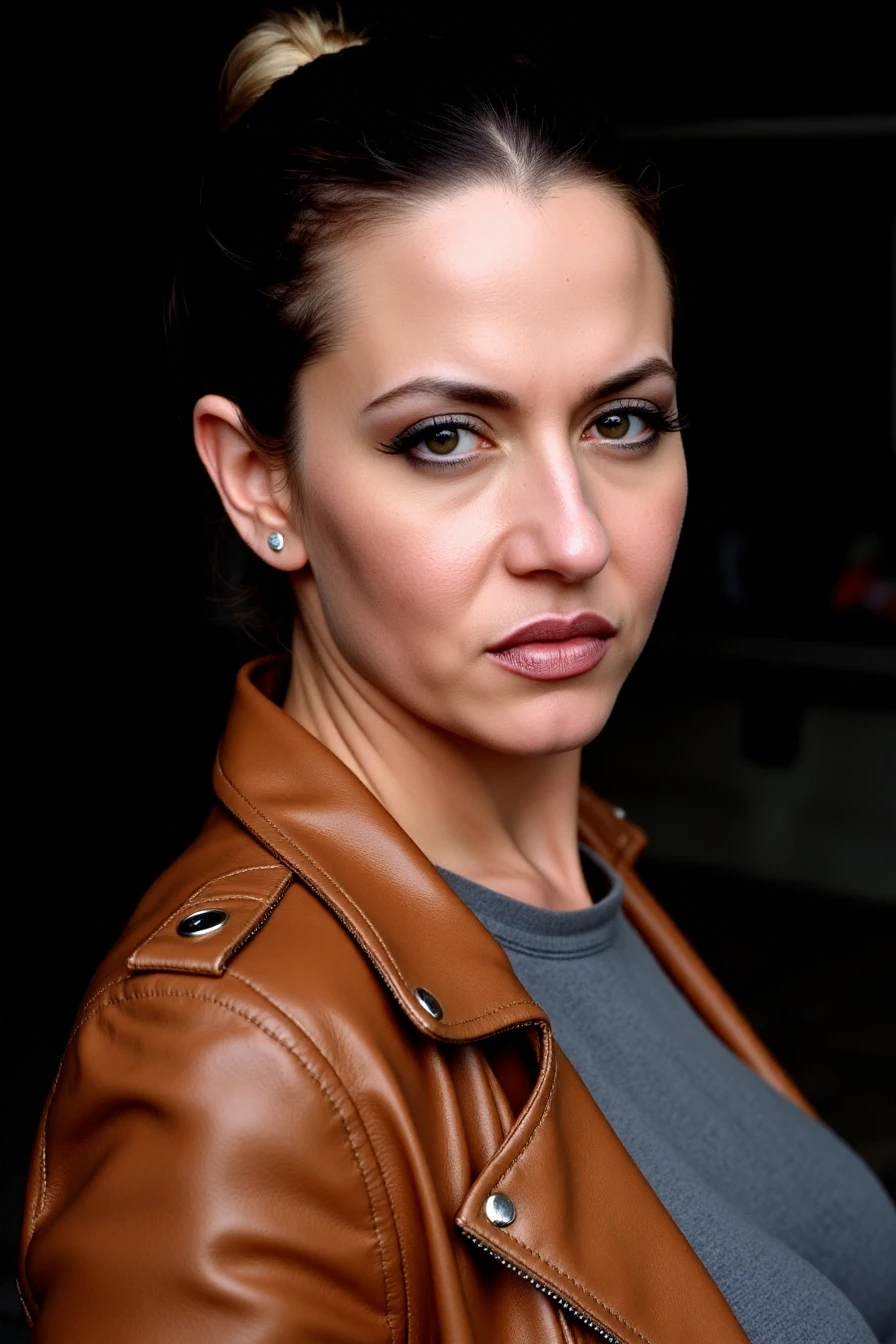 professional photography, ((semi-close portrait)), 30yo woman in a photo for a fashion magazine cover wearing a grey t-shirt and a brown leather jacket, solo, looking at viewer, dark background <lora:Casey James_Flux_Rapid:1.15> <lora:detailed_skin_portraits:0.5> <lora:Herbst_Photo_Style_v3:0.8> <lora:Pro-skin:0.7>, detailed skin texture, (blush:0.5), (goosebumps:0.5), subsurface scattering