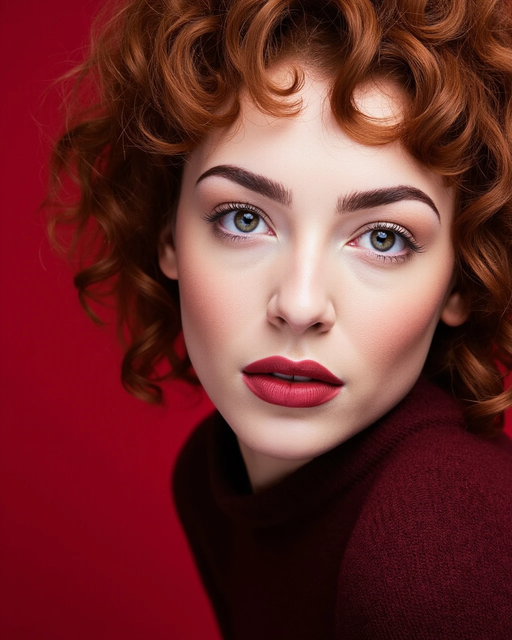 gorgeous woman close up portrait photo,curly red hair, wearing a dark red sweater ChinFixer-2000 style , studio photo, rembrandt lighting, flat red background<lora:Flux\chinfixer-2000.safetensors:1.0:1.0>